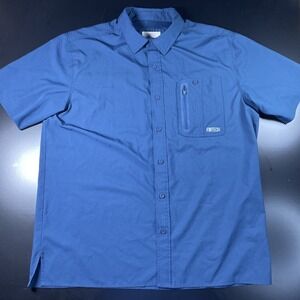Fintech Collared Short Sleeve Button Up Fishing Shirt Zip Pocket Mens Large Blue